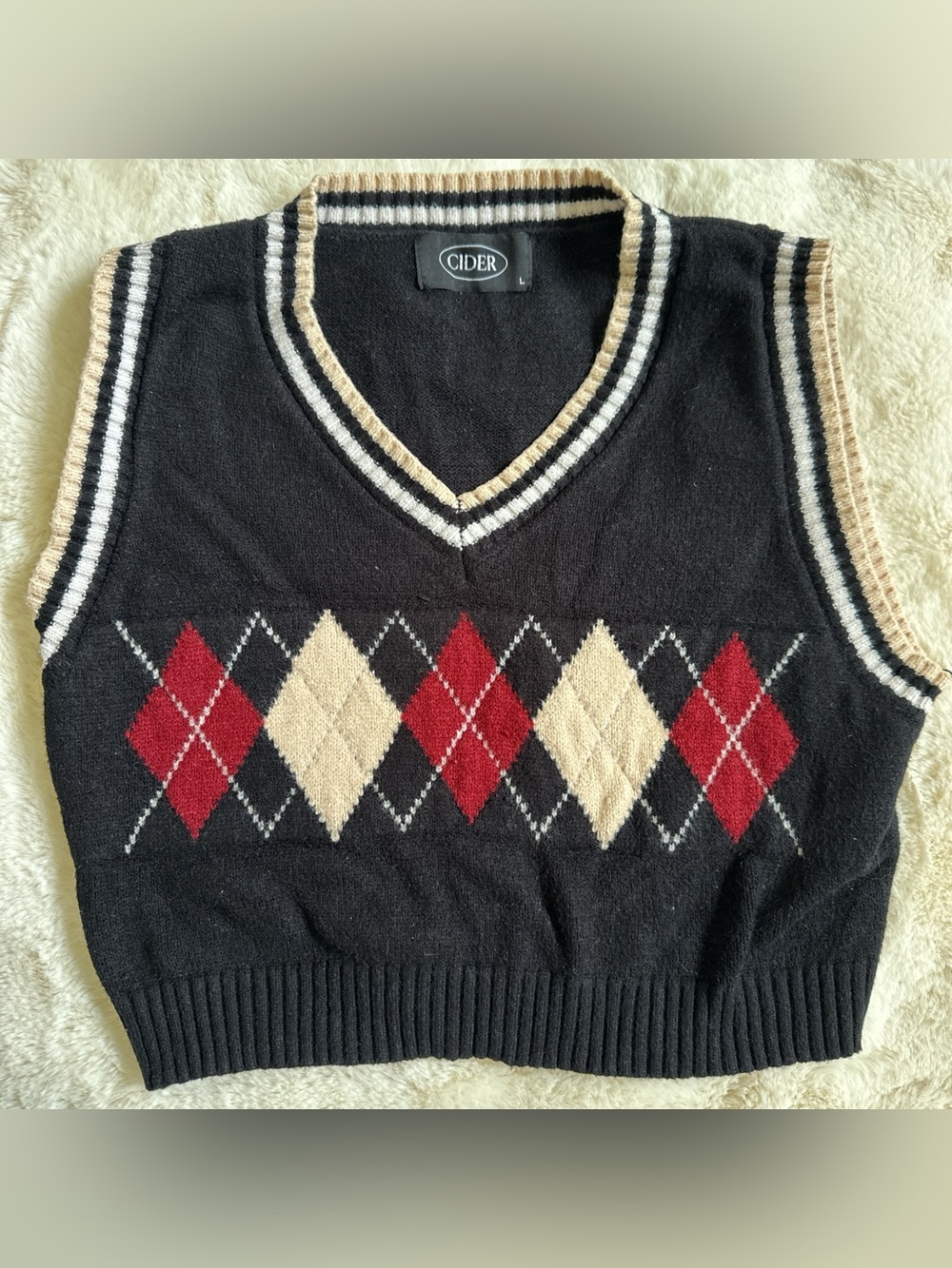 Cider Black V-Neck Argyle Sweater Vest with Red and Cream Diamonds